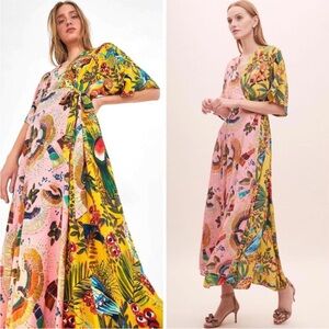 Farm Rio Floral Wrap Midi Dress XS Birds In The Wild Pink Vacation Resortwear
